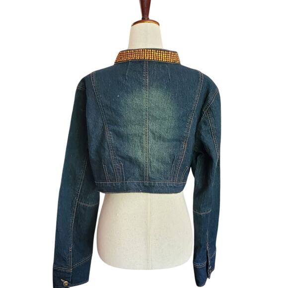 Y2k Street Blues Dark Wash Cropped Denim Jacket W/ Rhinestones - Large - Picture 3 of 8